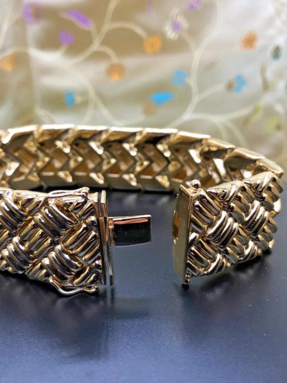 ESTATE:  Vintage 925/Vermeil Puffy Basket Weave Cuff Bracelet, gorgeous, HEAVY